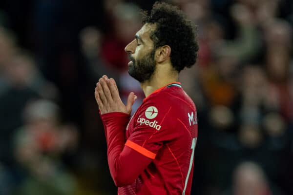 LIVERPOOL, ENGLAND - Tuesday, April 19, 2022: Liverpool's Mohamed Salah celebrates after scoring the fourth goal during the FA Premier League match between Liverpool FC and Manchester United FC at Anfield. (Pic by David Rawcliffe/Propaganda)