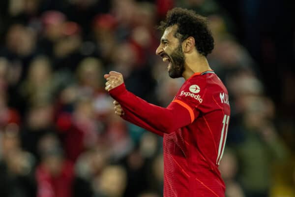 LIVERPOOL, ENGLAND - Tuesday, April 19, 2022: Liverpool's Mohamed Salah celebrates after scoring the fourth goal during the FA Premier League match between Liverpool FC and Manchester United FC at Anfield. (Pic by David Rawcliffe/Propaganda)