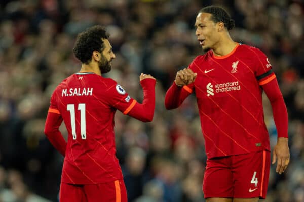 LIVERPOOL, ENGLAND - Tuesday, April 19, 2022: Liverpool's Mohamed Salah celebrates with team-mate Virgil van Dijk after scoring the fourth goal during the FA Premier League match between Liverpool FC and Manchester United FC at Anfield. (Pic by David Rawcliffe/Propaganda)