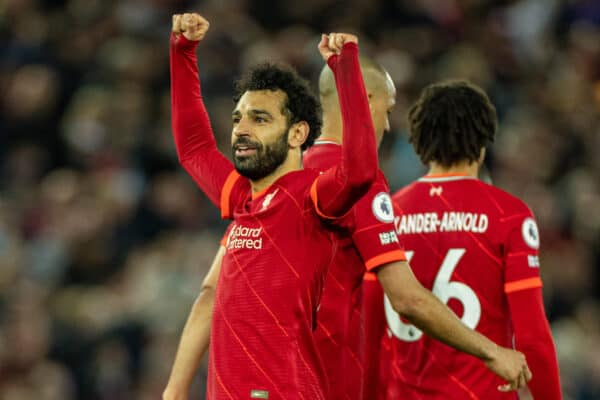 LIVERPOOL, ENGLAND - Tuesday, April 19, 2022: Liverpool's Mohamed Salah celebrates after scoring the fourth goal during the FA Premier League match between Liverpool FC and Manchester United FC at Anfield. (Pic by David Rawcliffe/Propaganda)