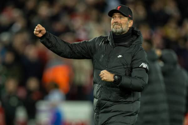 LIVERPOOL, ENGLAND - Tuesday, April 19, 2022: Liverpool's manager Jürgen Klopp punches the air as he celebrate's his beating Manchester United 4-0 during the FA Premier League match between Liverpool FC and Manchester United FC at Anfield. (Pic by David Rawcliffe/Propaganda)