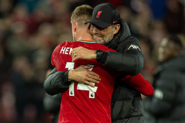 LIVERPOOL, ENGLAND - Tuesday, April 19, 2022: Liverpool's manager Jürgen Klopp embraces captain Jordan Henderson as he celebrate's his beating Manchester United 4-0 during the FA Premier League match between Liverpool FC and Manchester United FC at Anfield. (Pic by David Rawcliffe/Propaganda)