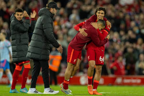 LIVERPOOL, ENGLAND - Tuesday, April 19, 2022: Liverpool's Trent Alexander-Arnold and Thiago Alcântara celebrate beating Manchester United 4-0 during the FA Premier League match between Liverpool FC and Manchester United FC at Anfield. (Pic by David Rawcliffe/Propaganda)