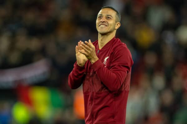 LIVERPOOL, ENGLAND - Tuesday, April 19, 2022: Liverpool's Thiago Alcântara applauds the supporters as he celebrates beating Manchester United 4-0 during the FA Premier League match between Liverpool FC and Manchester United FC at Anfield. (Pic by David Rawcliffe/Propaganda)