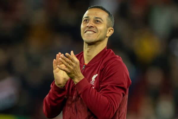 LIVERPOOL, ENGLAND - Tuesday, April 19, 2022: Liverpool's Thiago Alcântara applauds the supporters as he celebrates beating Manchester United 4-0 during the FA Premier League match between Liverpool FC and Manchester United FC at Anfield. (Pic by David Rawcliffe/Propaganda)