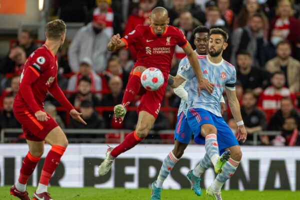 LIVERPOOL, ENGLAND - Tuesday, April 19, 2022: Liverpool's Fabio Henrique Tavares 'Fabinho' (L) and Manchester United's Bruno Fernandes during the FA Premier League match between Liverpool FC and Manchester United FC at Anfield. (Pic by David Rawcliffe/Propaganda)