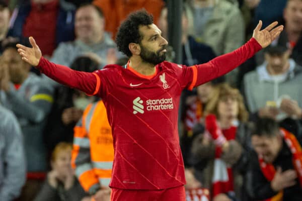 LIVERPOOL, ENGLAND - Tuesday, April 19, 2022: Liverpool's Mohamed Salah celebrates after scoring the second goal during the FA Premier League match between Liverpool FC and Manchester United FC at Anfield. (Pic by David Rawcliffe/Propaganda)