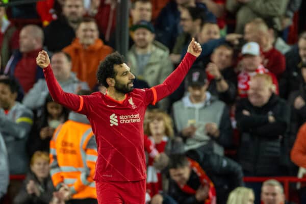 LIVERPOOL, ENGLAND - Tuesday, April 19, 2022: Liverpool's Mohamed Salah celebrates after scoring the second goal during the FA Premier League match between Liverpool FC and Manchester United FC at Anfield. (Pic by David Rawcliffe/Propaganda)