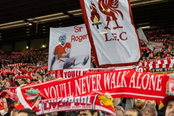 LIVERPOOL, ENGLAND - Tuesday, April 19, 2022: Liverpool supporters sing "You'll Never Walk Alone" before the FA Premier League match between Liverpool FC and Manchester United FC at Anfield. (Pic by David Rawcliffe/Propaganda)