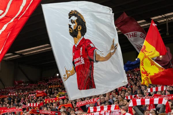 LIVERPOOL, ENGLAND - Tuesday, April 19, 2022: Liverpool supporters' banner of Mohamed Salah during the FA Premier League match between Liverpool FC and Manchester United FC at Anfield. (Pic by David Rawcliffe/Propaganda)