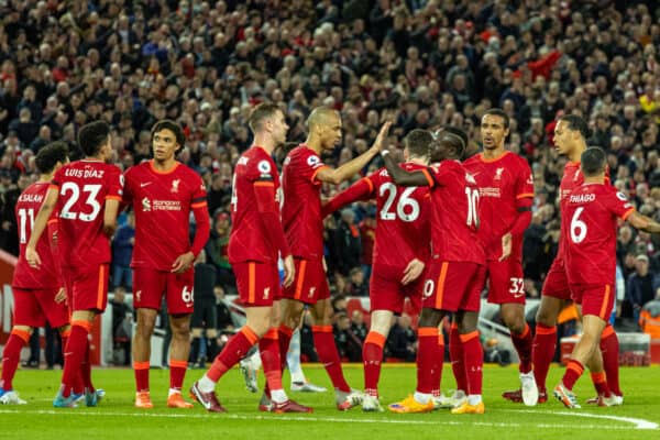 LIVERPOOL, ENGLAND - Tuesday, April 19, 2022: Liverpool's Sadio Mané celebrates after scoring the third goal during the FA Premier League match between Liverpool FC and Manchester United FC at Anfield. (Pic by David Rawcliffe/Propaganda)