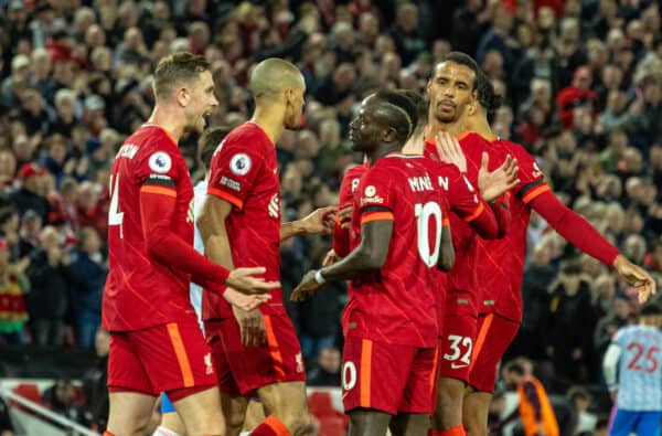 LIVERPOOL, ENGLAND - Tuesday, April 19, 2022: Liverpool's Sadio Mané celebrates after scoring the third goal during the FA Premier League match between Liverpool FC and Manchester United FC at Anfield. (Pic by David Rawcliffe/Propaganda)