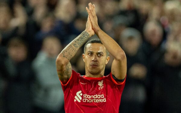 LIVERPOOL, ENGLAND - Tuesday, April 19, 2022: Liverpool's Thiago Alcantara applauds the supporters as he is substituted during the FA Premier League match between Liverpool FC and Manchester United FC at Anfield. (Pic by David Rawcliffe/Propaganda)