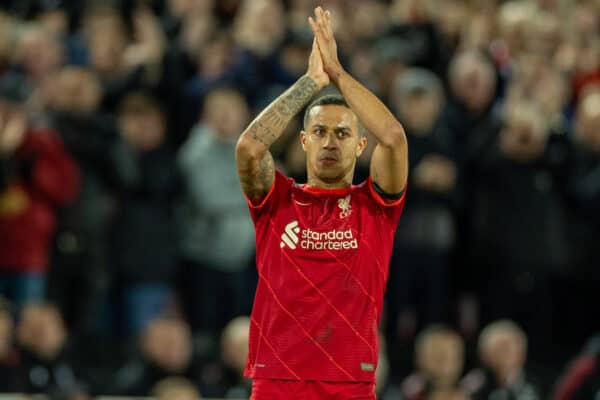 LIVERPOOL, ENGLAND - Tuesday, April 19, 2022: Liverpool's Thiago Alcantara applauds the supporters as he is substituted during the FA Premier League match between Liverpool FC and Manchester United FC at Anfield. (Pic by David Rawcliffe/Propaganda)