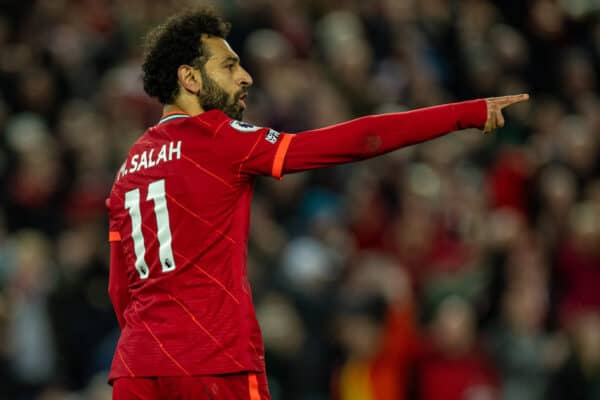 LIVERPOOL, ENGLAND - Tuesday, April 19, 2022: Liverpool's Mohamed Salah celebrates after scoring the fourth goal during the FA Premier League match between Liverpool FC and Manchester United FC at Anfield. (Pic by David Rawcliffe/Propaganda)