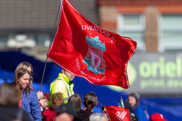 Birkenhead, UK. 24th Apr, 2022. Liverpool team celebrate with trophy after winning the FA Women's Championship 2021-22 after winning the Womens Championship football match between Liverpool and Sheffield United 6-1 at Prenton