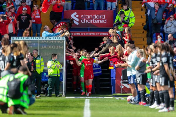 BIRKENHEAD, ENGLAND - Sunday, April 24, 2022: Liverpool's captain Niamh Fahey leads her side out to a guard of honour before the FA Women’s Championship Round 21 match between Liverpool FC Women and Sheffield United FC Women at Prenton Park. (Pic by Lindsey Parneby/Propaganda)