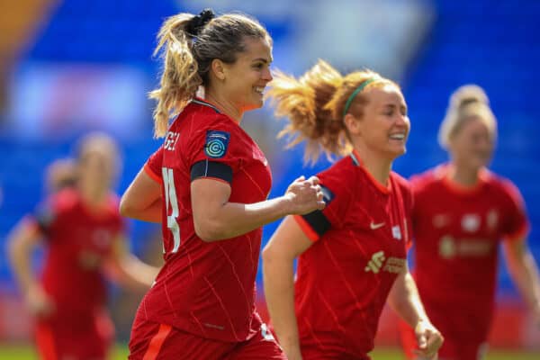 BIRKENHEAD, ENGLAND - Sunday, April 24, 2022: Liverpool's Katie Stengel celebrates after scoring the first goal during the FA Women’s Championship Round 21 match between Liverpool FC Women and Sheffield United FC Women at Prenton Park. (Pic by Lindsey Parneby/Propaganda)