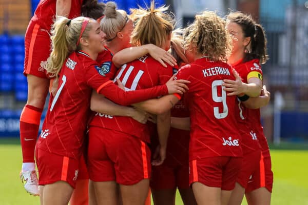 BIRKENHEAD, ENGLAND - Sunday, April 24, 2022: Liverpool's Katie Stengel (C) celebrates with team-mates after scoring the first goal during the FA Women’s Championship Round 21 match between Liverpool FC Women and Sheffield United FC Women at Prenton Park. (Pic by Lindsey Parneby/Propaganda)