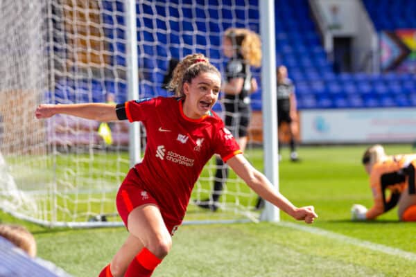 Birkenhead, UK. 24th Apr, 2022. Liverpool team celebrate with trophy after winning the FA Women's Championship 2021-22 after winning the Womens Championship football match between Liverpool and Sheffield United 6-1 at Prenton