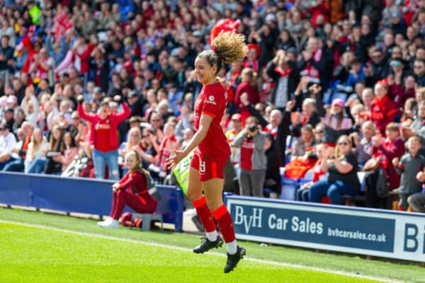 BIRKENHEAD, ENGLAND - Sunday, April 24, 2022: Liverpool's Leanne Kiernan celebrates after scoring the second goal during the FA Women’s Championship Round 21 match between Liverpool FC Women and Sheffield United FC Women at Prenton Park. (Pic by Lindsey Parneby/Propaganda)