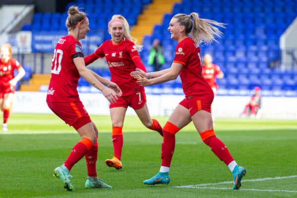 BIRKENHEAD, ENGLAND - Sunday, April 24, 2022: Liverpool's Melissa Lawley (R) celebrates with team-mates after scoring the third goal during the FA Women’s Championship Round 21 match between Liverpool FC Women and Sheffield United FC Women at Prenton Park. (Pic by Lindsey Parneby/Propaganda)