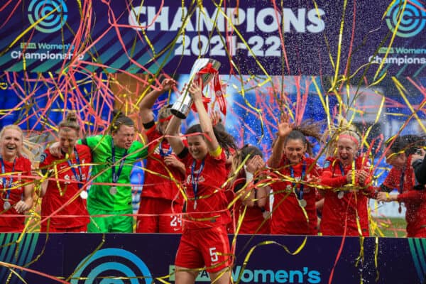 BIRKENHEAD, ENGLAND - Sunday, April 24, 2022: Liverpool's captain Niamh Fahey lifts the Championship trophy after the FA Women’s Championship Round 21 match between Liverpool FC Women and Sheffield United FC Women at Prenton Park. (Pic by Lindsey Parneby/Propaganda)