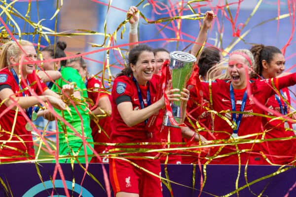 BIRKENHEAD, ENGLAND - Sunday, April 24, 2022: Liverpool's captain Niamh Fahey lifts the Championship trophy after the FA Women’s Championship Round 21 match between Liverpool FC Women and Sheffield United FC Women at Prenton Park. (Pic by Lindsey Parneby/Propaganda)