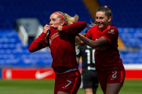 BIRKENHEAD, ENGLAND - Sunday, April 24, 2022: Liverpool's Missy Bo Kearns celebrates after scoring the fifth goal during the FA Women’s Championship Round 21 match between Liverpool FC Women and Sheffield United FC Women at Prenton Park. (Pic by Lindsey Parneby/Propaganda)