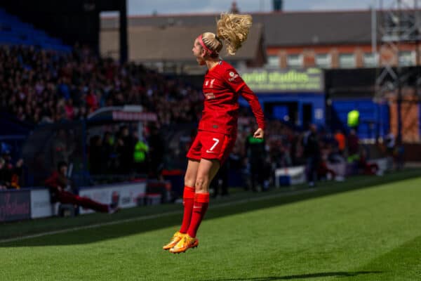 BIRKENHEAD, ENGLAND - Sunday, April 24, 2022: Liverpool's Missy Bo Kearns celebrates after scoring the fifth goal during the FA Women’s Championship Round 21 match between Liverpool FC Women and Sheffield United FC Women at Prenton Park. (Pic by Lindsey Parneby/Propaganda)