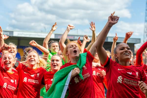 Birkenhead, UK. 24th Apr, 2022. Liverpool team celebrate with trophy after winning the FA Women's Championship 2021-22 after winning the Womens Championship football match between Liverpool and Sheffield United 6-1 at Prenton
