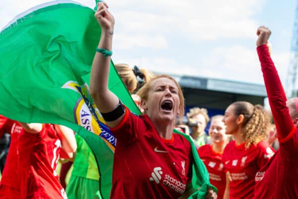 BIRKENHEAD, ENGLAND - Sunday, April 24, 2022: Liverpool's Rachel Furness celebrates winning the Championship with team-mates after the FA Women’s Championship Round 21 match between Liverpool FC Women and Sheffield United FC Women at Prenton Park. Liverpool won 6-1. (Pic by Lindsey Parneby/Propaganda)