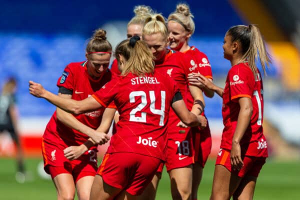Birkenhead, UK. 24th Apr, 2022. Liverpool team celebrate with trophy after winning the FA Women's Championship 2021-22 after winning the Womens Championship football match between Liverpool and Sheffield United 6-1 at Prenton