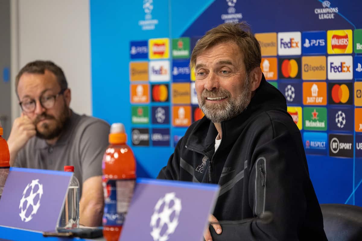 LIVERPOOL, ENGLAND - Tuesday, April 26, 2022: Liverpool's manager Jürgen Klopp during a press conference at Anfield ahead of the UEFA Champions League Semi-Final 1st Leg game between Liverpool FC and Villarreal CF. (Pic by David Rawcliffe/Propaganda)