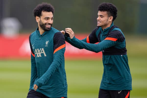 LIVERPOOL, ENGLAND - Tuesday, April 26, 2022: Liverpool's Mohamed Salah (L) and Luis Díaz during a training session at the AXA Training Centre ahead of the UEFA Champions League Semi-Final 1st Leg game between Liverpool FC and Villarreal CF. (Pic by David Rawcliffe/Propaganda)