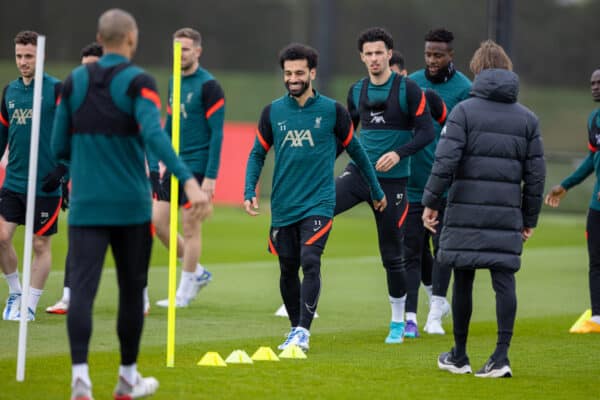 LIVERPOOL, ENGLAND - Tuesday, April 26, 2022: Liverpool's Mohamed Salah during a training session at the AXA Training Centre ahead of the UEFA Champions League Semi-Final 1st Leg game between Liverpool FC and Villarreal CF. (Pic by David Rawcliffe/Propaganda)