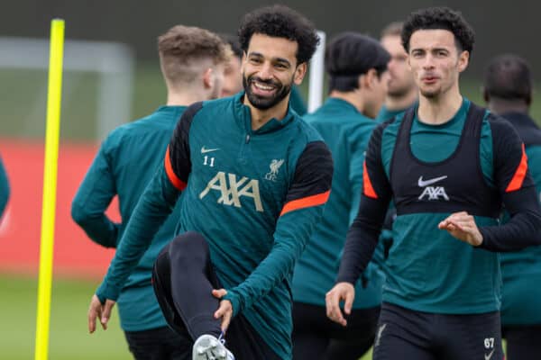 LIVERPOOL, ENGLAND - Tuesday, April 26, 2022: Liverpool's Mohamed Salah during a training session at the AXA Training Centre ahead of the UEFA Champions League Semi-Final 1st Leg game between Liverpool FC and Villarreal CF. (Pic by David Rawcliffe/Propaganda)