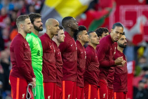 LIVERPOOL, ENGLAND - Wednesday, April 13, 2022: Liverpool players line-up before the UEFA Champions League Quarter-Final 2nd Leg game between Liverpool FC and SL Benfica at Anfield. (Pic by David Rawcliffe/Propaganda)