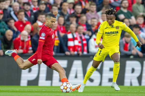 LIVERPOOL, ENGLAND - Wednesday, April 13, 2022: Liverpool's Thiago Alcantara during the UEFA Champions League Quarter-Final 2nd Leg game between Liverpool FC and SL Benfica at Anfield. (Pic by David Rawcliffe/Propaganda)