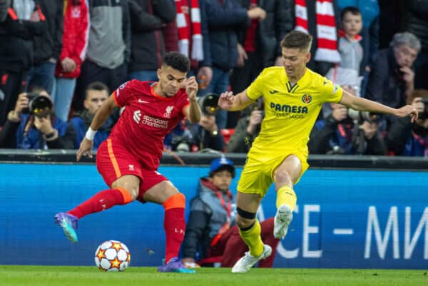 LIVERPOOL, ENGLAND - Wednesday, April 13, 2022: Liverpool's Luis Díaz during the UEFA Champions League Quarter-Final 2nd Leg game between Liverpool FC and SL Benfica at Anfield. (Pic by David Rawcliffe/Propaganda)