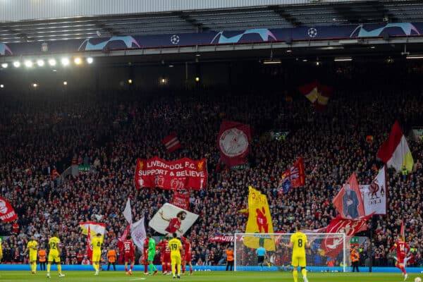 LIVERPOOL, ENGLAND - Wednesday, April 13, 2022: Liverpool supporters on the Spion Kop before the UEFA Champions League Quarter-Final 2nd Leg game between Liverpool FC and SL Benfica at Anfield. (Pic by David Rawcliffe/Propaganda)