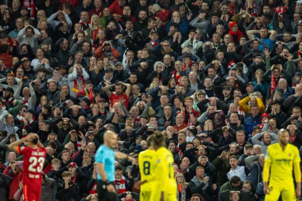 LIVERPOOL, ENGLAND - Wednesday, April 13, 2022: Liverpool supporters react to a miss during the UEFA Champions League Quarter-Final 2nd Leg game between Liverpool FC and SL Benfica at Anfield. (Pic by David Rawcliffe/Propaganda)