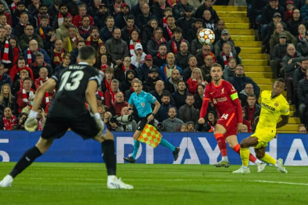 LIVERPOOL, ENGLAND - Wednesday, April 13, 2022: Liverpool's captain Jordan Henderson crosses the ball to force the opening goal, an own goal, during the UEFA Champions League Quarter-Final 2nd Leg game between Liverpool FC and SL Benfica at Anfield. (Pic by David Rawcliffe/Propaganda)