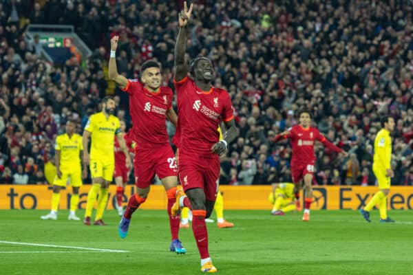 LIVERPOOL, ENGLAND - Wednesday, April 13, 2022: Liverpool's Sadio Mané celebrates after scoring the second goal during the UEFA Champions League Quarter-Final 2nd Leg game between Liverpool FC and SL Benfica at Anfield. (Pic by David Rawcliffe/Propaganda)