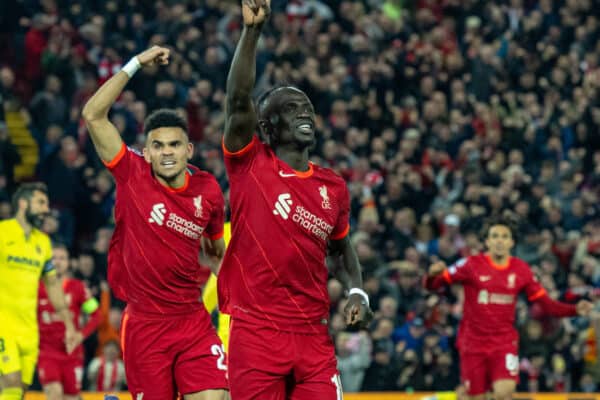 LIVERPOOL, ENGLAND - Wednesday, April 13, 2022: Liverpool's Sadio Mané celebrates after scoring the second goal during the UEFA Champions League Quarter-Final 2nd Leg game between Liverpool FC and SL Benfica at Anfield. (Pic by David Rawcliffe/Propaganda)