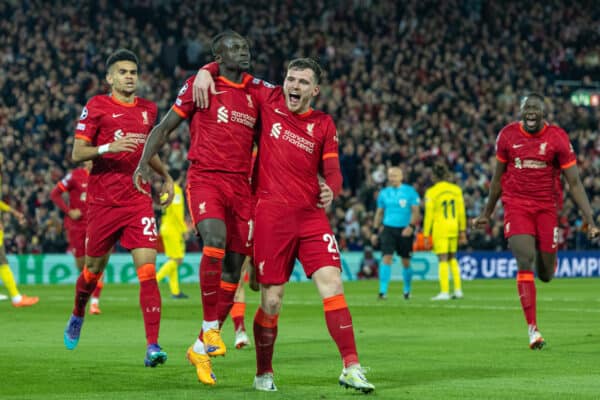 LIVERPOOL, ENGLAND - Wednesday, April 13, 2022: Liverpool's Sadio Mané celebrates after scoring the second goal during the UEFA Champions League Quarter-Final 2nd Leg game between Liverpool FC and SL Benfica at Anfield. (Pic by David Rawcliffe/Propaganda)