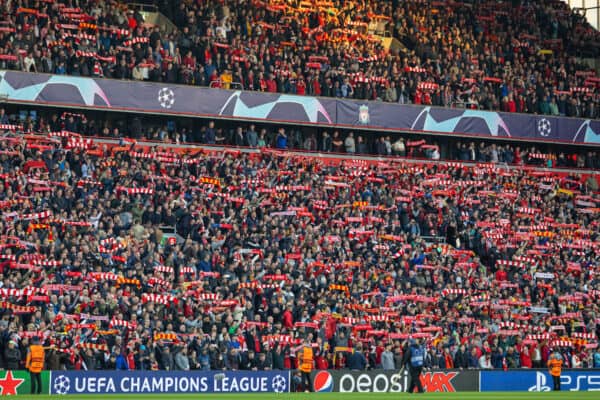 LIVERPOOL, ENGLAND - Wednesday, April 13, 2022: Liverpool supporters sing "You'll Never Walk Alone" before the UEFA Champions League Quarter-Final 2nd Leg game between Liverpool FC and SL Benfica at Anfield. (Pic by David Rawcliffe/Propaganda)