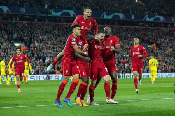 LIVERPOOL, ENGLAND - Wednesday, April 13, 2022: Liverpool's Sadio Mané celebrates after scoring the second goal during the UEFA Champions League Quarter-Final 2nd Leg game between Liverpool FC and SL Benfica at Anfield. (Pic by David Rawcliffe/Propaganda)