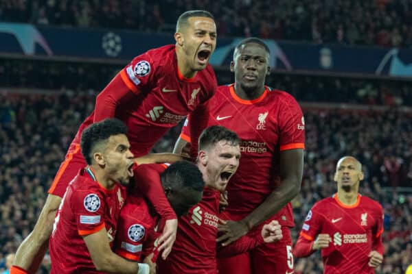 LIVERPOOL, ENGLAND - Wednesday, April 13, 2022: Liverpool's Sadio Mané celebrates after scoring the second goal during the UEFA Champions League Quarter-Final 2nd Leg game between Liverpool FC and SL Benfica at Anfield. (Pic by David Rawcliffe/Propaganda)