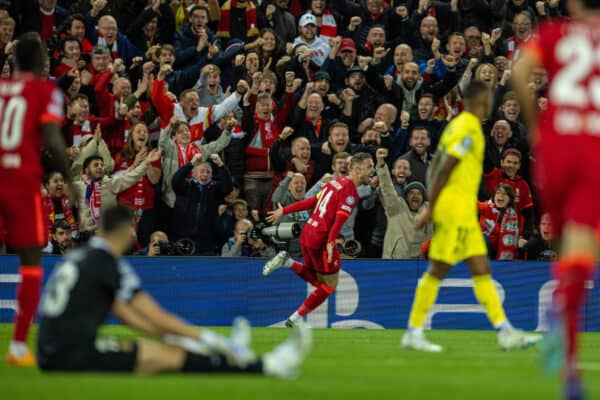 LIVERPOOL, ENGLAND - Wednesday, April 13, 2022: Liverpool's captain Jordan Henderson celebrates after scoring the first goal during the UEFA Champions League Quarter-Final 2nd Leg game between Liverpool FC and SL Benfica at Anfield. (Pic by David Rawcliffe/Propaganda)